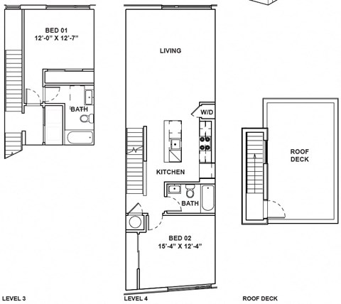 A drawing of a house with a living room, kitchen, and two bedrooms.
